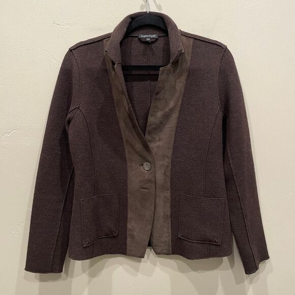 Eileen Fisher Merino Wool Blend Lamb Leather Brown Blazer Jacket - Size: XS - Picture 1 of 7